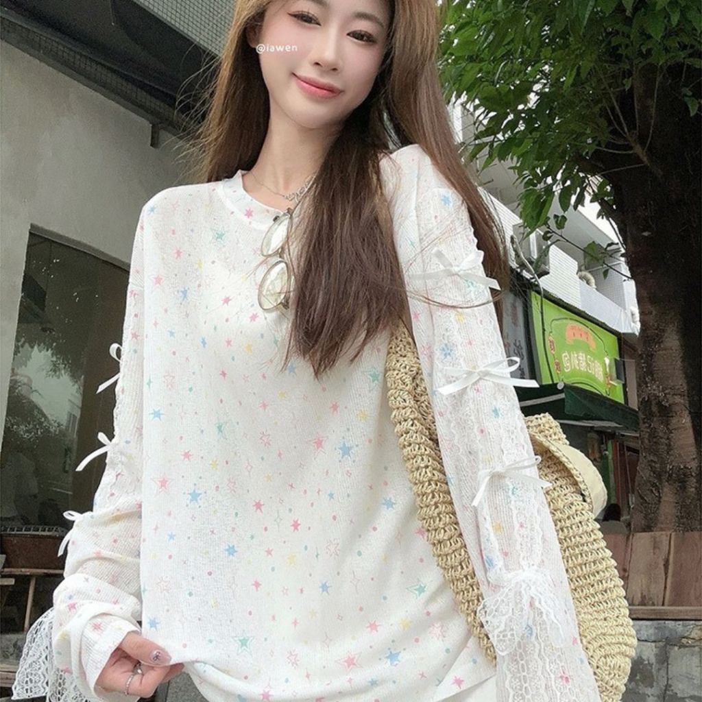 TudoQuinzy Áo thun tăm mỏng, áo thun nữ dài tay dáng rộng hoạ tiết ngôi sao đính nơ tay phong cách nữ tính
