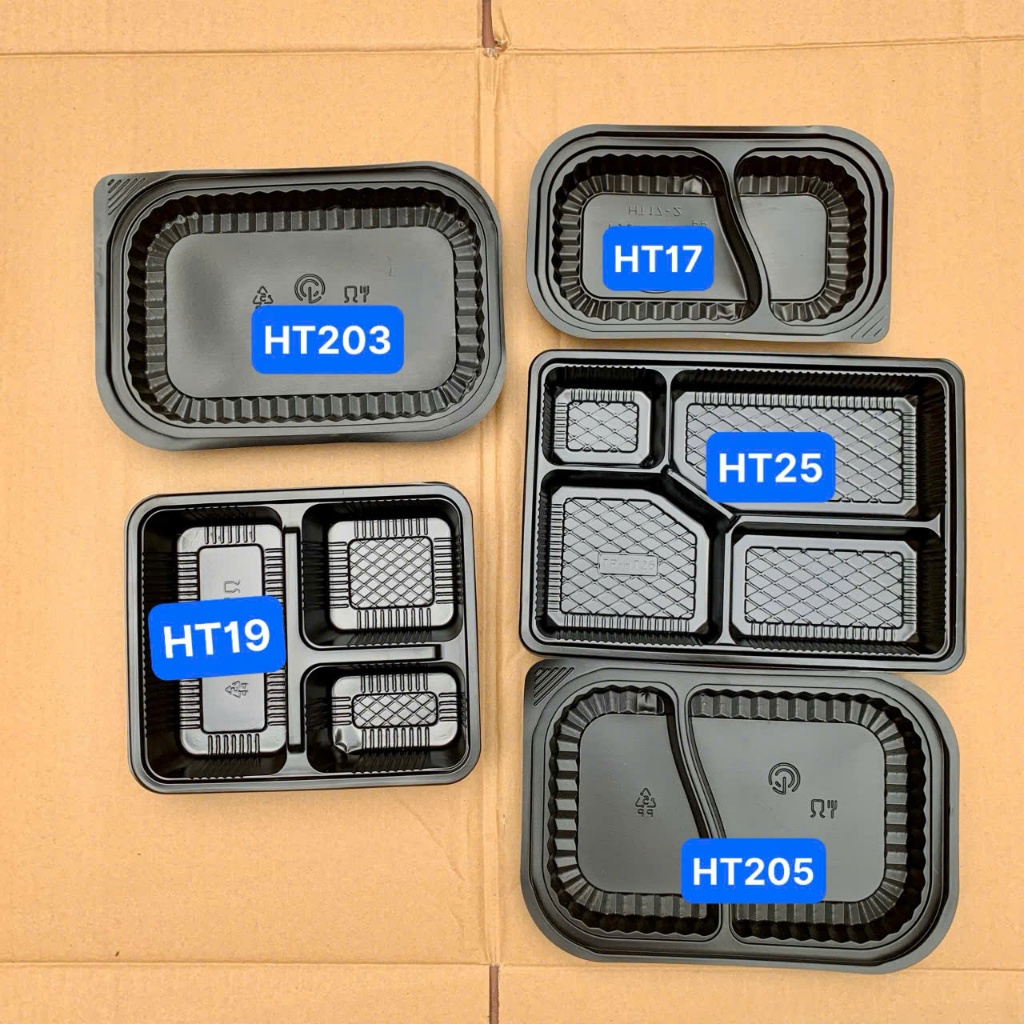 Combo 10 Khay Nhựa Đế Đen Kèm Nắp HT17,HT205,HT203, HT25 Dùng Để Đựng Đồ Ăn, Cơm Văn Phòng, Xôi, Bánh Ngọt,...