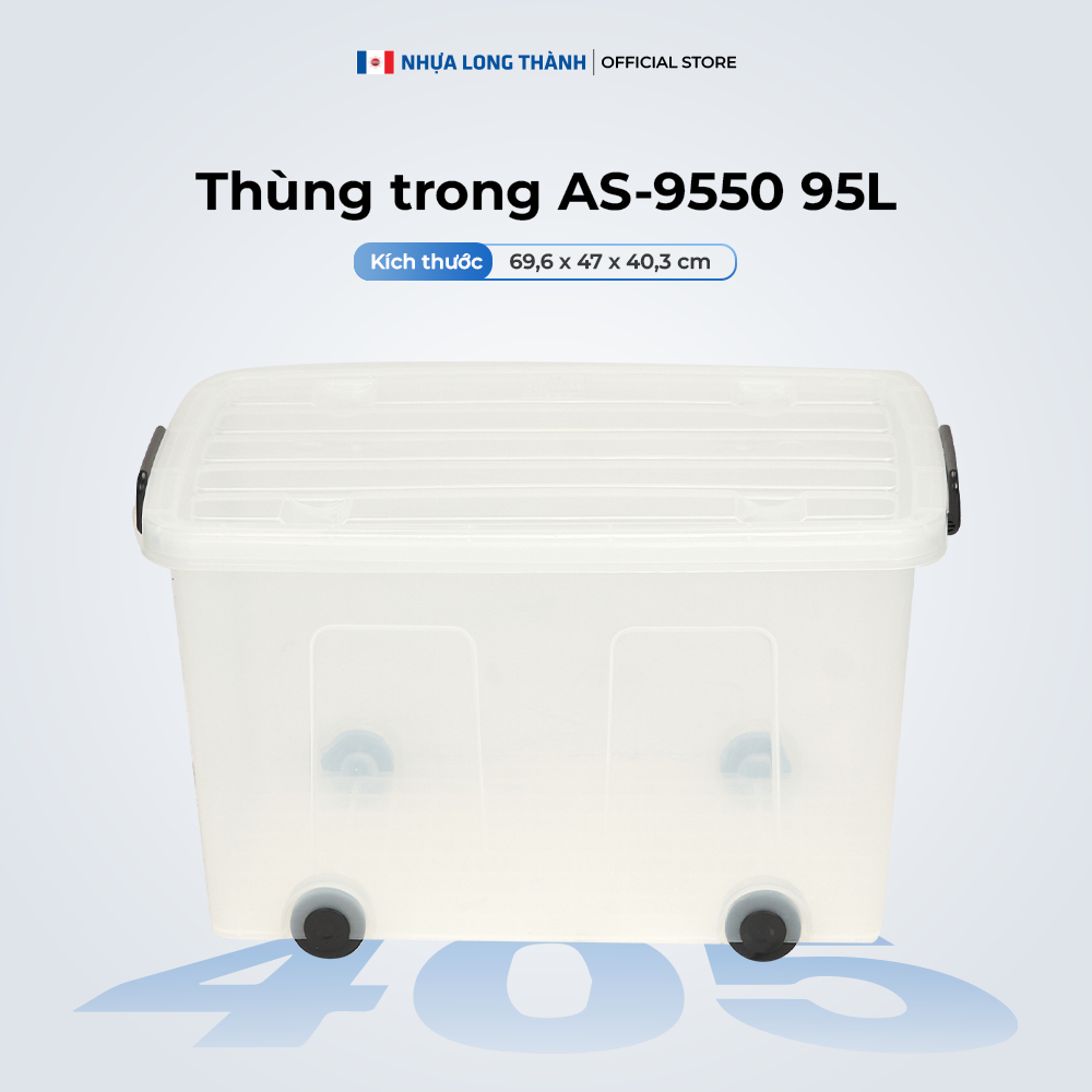 Thùng nhựa trong NHỰA LONG THÀNH AS-9550 có nắp, bánh xe chuyên dụng để lưu trữ và bảo quản thực phẩm, hàng hoá 95 lít