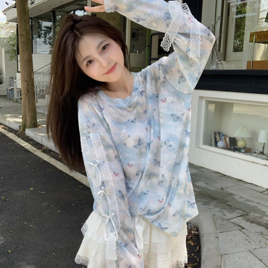 TudoQuinzy Áo thun nữ mỏng dài tay dáng rộng, in hoạ tiết màu xanh thiết kê nữ cách điệu, phối ren thắt nơ dễ thương