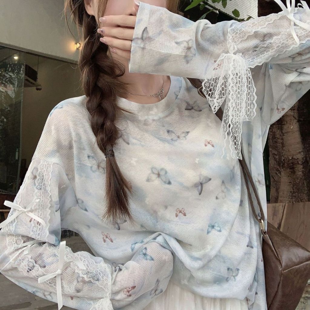 TudoQuinzy Áo thun nữ mỏng dài tay dáng rộng, in hoạ tiết màu xanh thiết kê nữ cách điệu, phối ren thắt nơ dễ thương