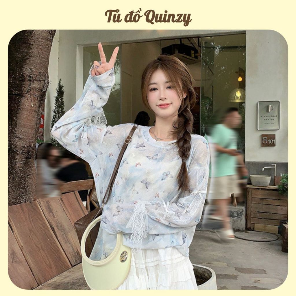 TudoQuinzy Áo thun nữ mỏng dài tay dáng rộng, in hoạ tiết màu xanh thiết kê nữ cách điệu, phối ren thắt nơ dễ thương