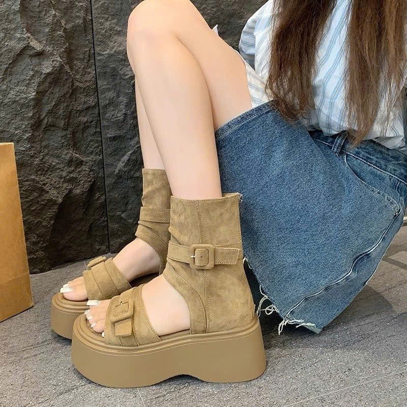 (Sẵn nâu 36,38) Giày Sandal Quai Cổ Cao Đế Độn 7cm Da Lộn Hàng Đẹp Phong Cách Ulzzang