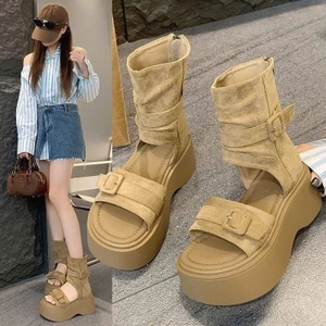 Giày Sandal Quai Cổ Cao Đế Độn 7cm Da Lộn Hàng Đẹp Phong Cách Ulzzang