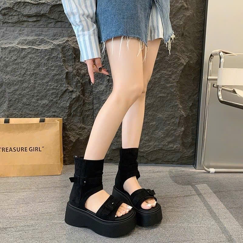 (Sẵn nâu 36,38) Giày Sandal Quai Cổ Cao Đế Độn 7cm Da Lộn Hàng Đẹp Phong Cách Ulzzang