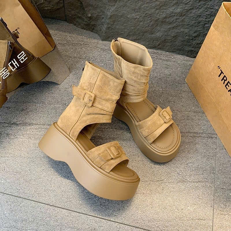 (Sẵn nâu 36,38) Giày Sandal Quai Cổ Cao Đế Độn 7cm Da Lộn Hàng Đẹp Phong Cách Ulzzang