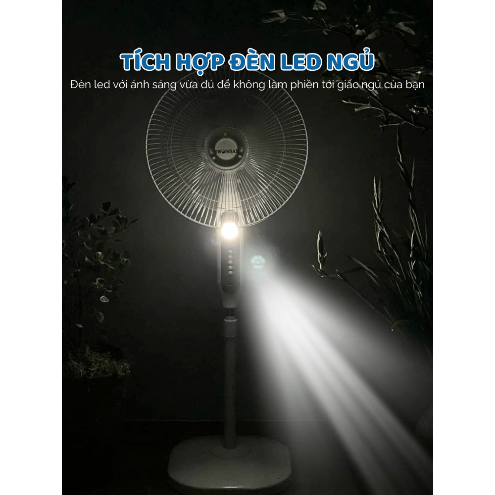 Quạt Cây Sạc Tích Điện SWONSAN CÓ CHỔI THAN Sải Cánh 40CM Có Đèn Led Chiếu Sáng, Cổng Sạc USB
