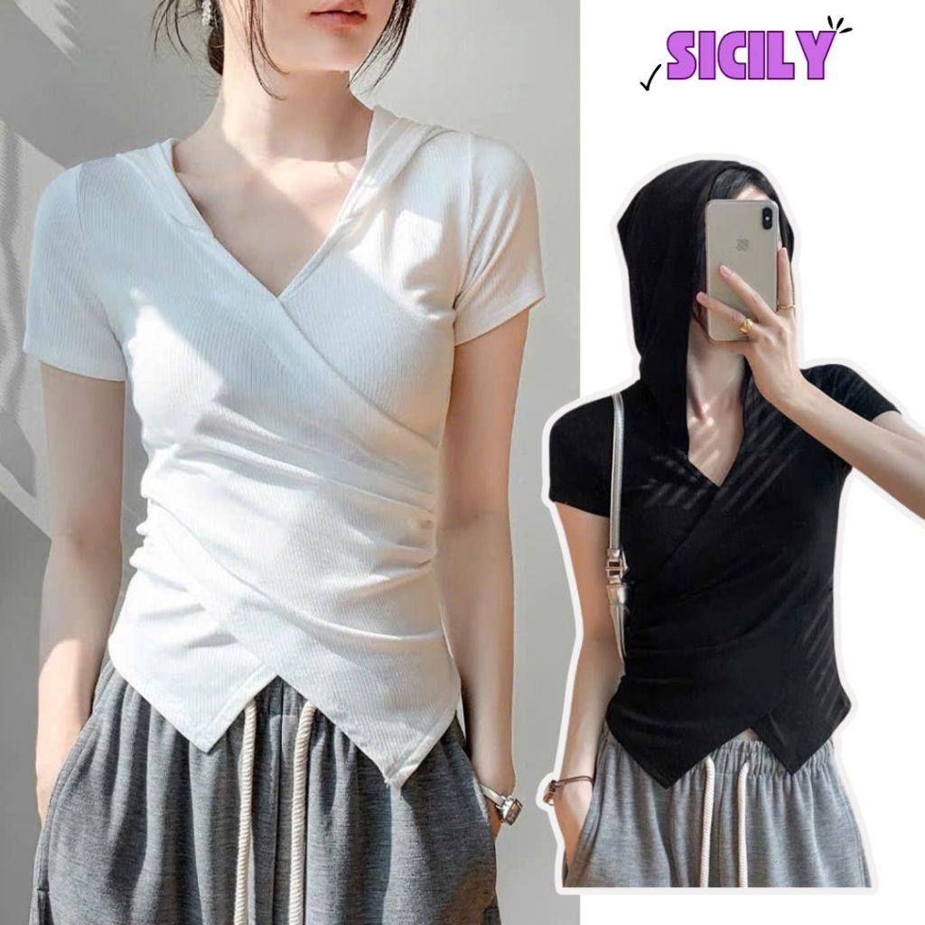 Áo thun tay ngắn Sicily có mũ trùm đầu cổ V thiết kế chéo ôm eo AMU601