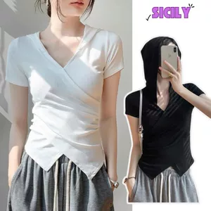 Áo thun tay ngắn Sicily có mũ trùm đầu cổ V thiết kế chéo ôm eo AMU601