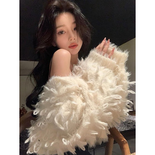 Áo khoác cardigan lông xù dáng ngắn tay rộng sang chảnh