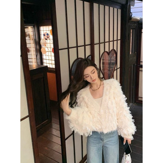 Áo khoác cardigan lông xù dáng ngắn tay rộng sang chảnh