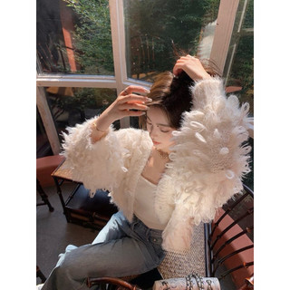 Áo khoác cardigan lông xù dáng ngắn tay rộng sang chảnh