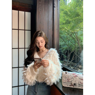 Áo khoác cardigan lông xù dáng ngắn tay rộng sang chảnh