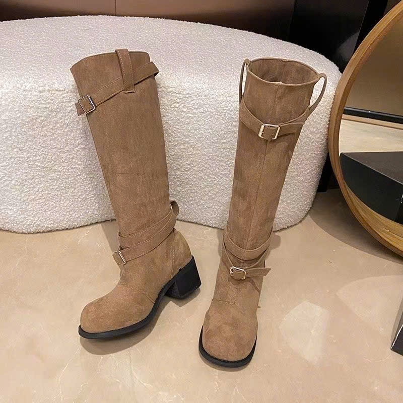 (Sẵn kaki 35,39) Giày Bốt Cao Bồi Cổ Điển Da Lộn Gót Dày Thời Trang Cá Tính