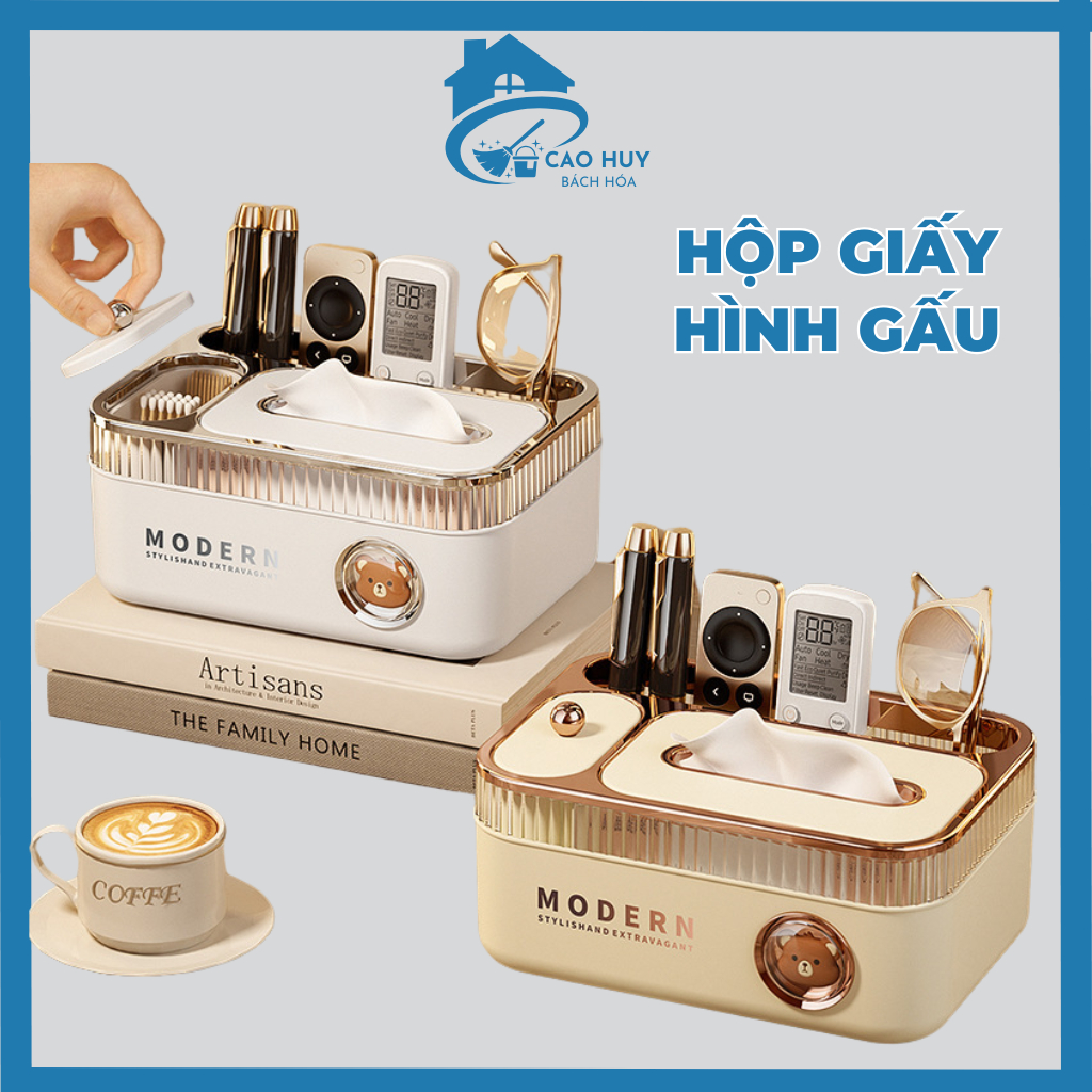 Hộp Đựng Giấy Hình Gấu Đa Năng – Có Ngăn Đựng Điều Khiển, Bút, Gương Mini