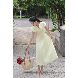 Đầm xòe cotton thêu vàng tay phồng dáng midi MAYBI
