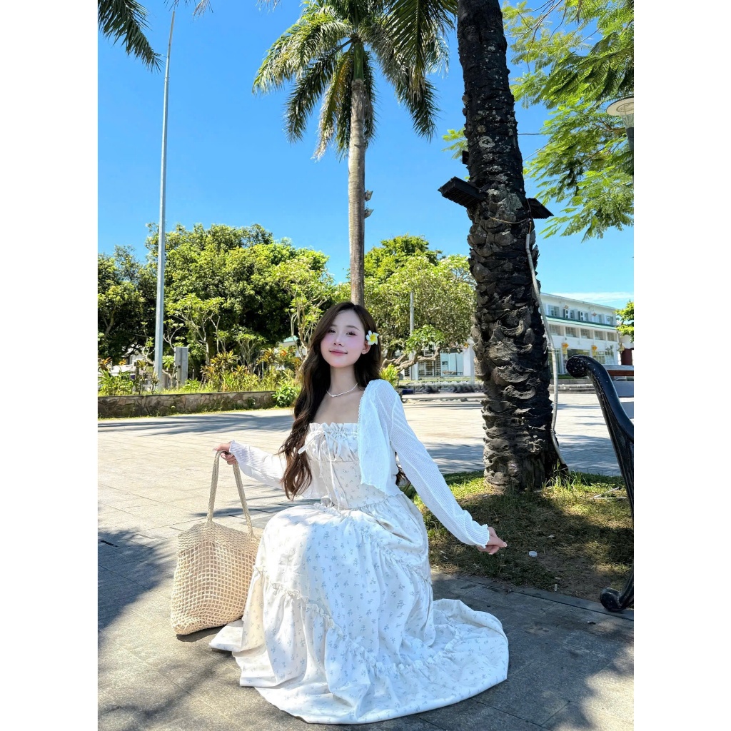 Set Váy Maxi 2 Dây Dáng Dài Màu Xanh Kèm Áo Khoác Mỏng Dài Tay Đi Biển SAN Clothings - P113