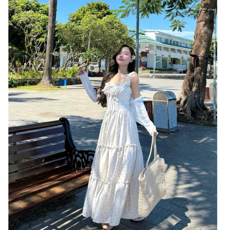 Set Váy Maxi 2 Dây Dáng Dài Màu Xanh Kèm Áo Khoác Mỏng Dài Tay Đi Biển SAN Clothings - P113