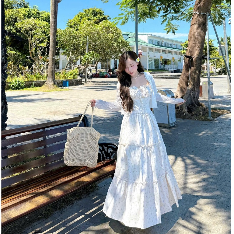 Set Váy Maxi 2 Dây Dáng Dài Màu Xanh Kèm Áo Khoác Mỏng Dài Tay Đi Biển SAN Clothings - P113