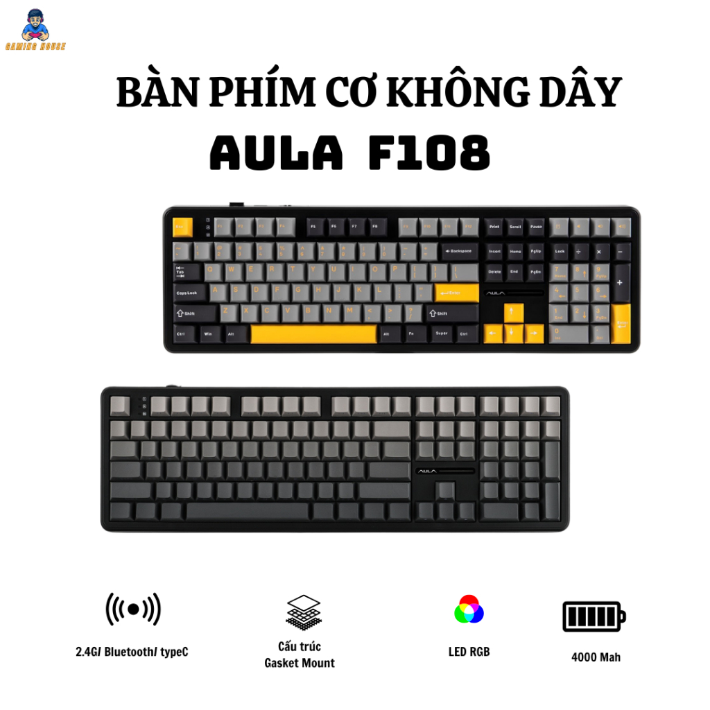 Bàn Phím Cơ Không Dây AULA F108 - 3 mode - Mạch Xuôi - Hỗ trợ hotswap 5 pin - LED RGB - Có App - Núm xoay