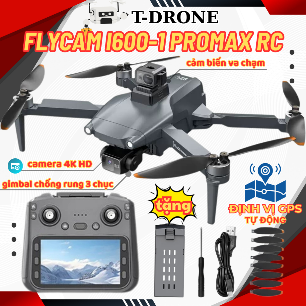 Drone L600-1 Promax, Tay Cầm Màn Hình RC Quay Chụp 4K có Gimbal Chống Rung 3 Chục, Flycam Mini