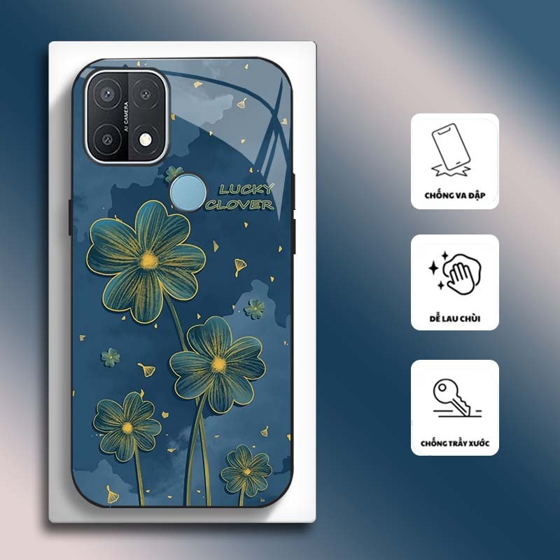 Ốp Lưng cho OPPO A15, A15S Mặt kính cường lực, cao cấp HOẠ TIẾT HOA CẨM THẠCH