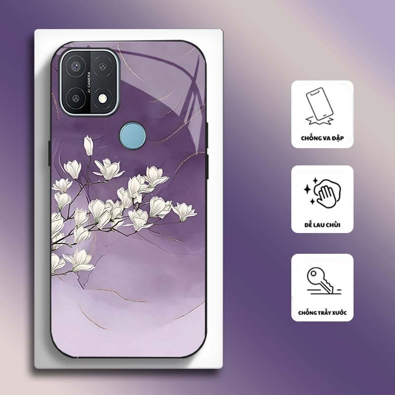 Ốp Lưng cho OPPO A15, A15S Mặt kính cường lực, cao cấp HOẠ TIẾT HOA CẨM THẠCH