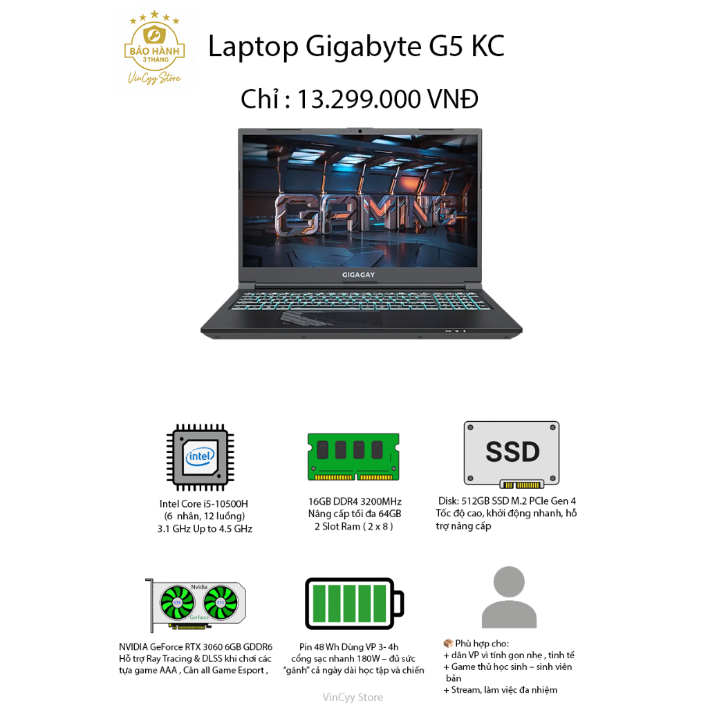 PC portable 15.6'' Gigabyte G5 (FHD 144 Hz, Core i5, 16Go/512Go, GeForce RTX 3060, Win11) à 799,99 euros