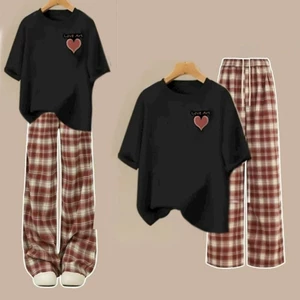 Sét Bộ Quần Ống Suông dài Quần caro đỏ + mix áo phông form rộng Love -QUANAO94