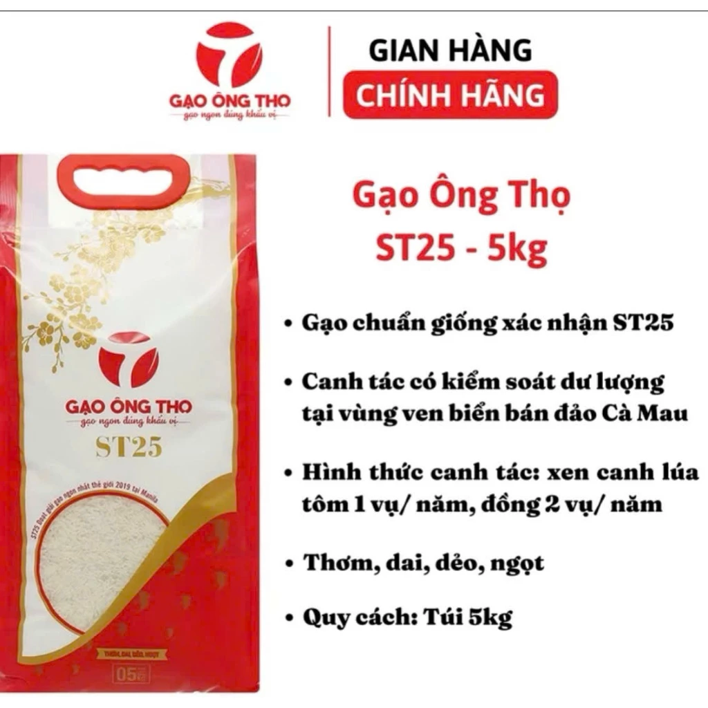 Túi 5kg Gạo Dẻo thơm ST25 Ông Thọ - Cơm dẻo nhiều, Thơm, Dai, Vị Ngọt, Để nguội không bị khô gạo dẻo