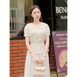 Áo Kiểu Nữ Trắng Ngắn Tay, Cổ Sen Phối Ren – Thiết Kế Tay Bồng Thanh Lịch- MioLady AO010