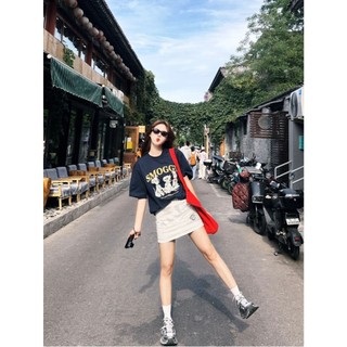 Bộ Áo Thun Nữ CHEPOL Form Rộng, Cổ Tròn, Phối Chân Váy, In Chú Cún, Chất Cotton (Áo Xanh Navy + Chân Váy Ngắn)-CP_10882