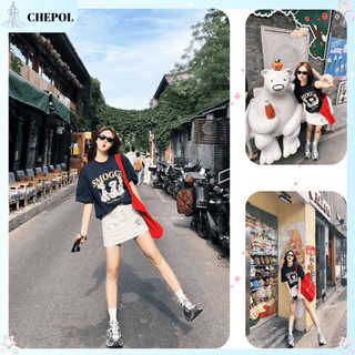 Bộ Áo Thun Nữ CHEPOL Form Rộng, Cổ Tròn, Phối Chân Váy, In Chú Cún, Chất Cotton (Áo Xanh Navy + Chân Váy Ngắn)-CP_10882