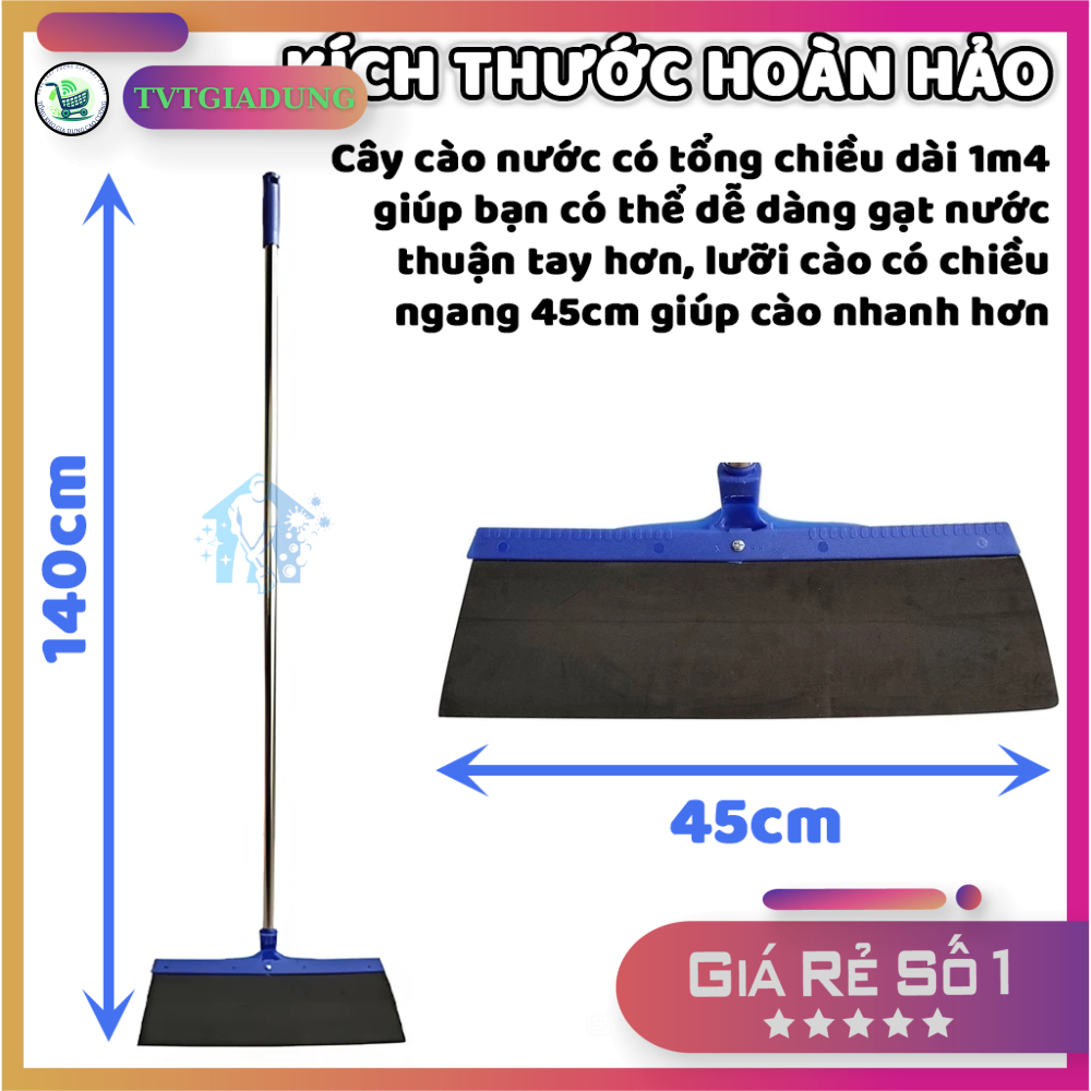 Cây Gạt Nước Sàn Nhà 45cm, Cán Inox Dài 1m4, Lưỡi EVA Gạt Siêu Khô