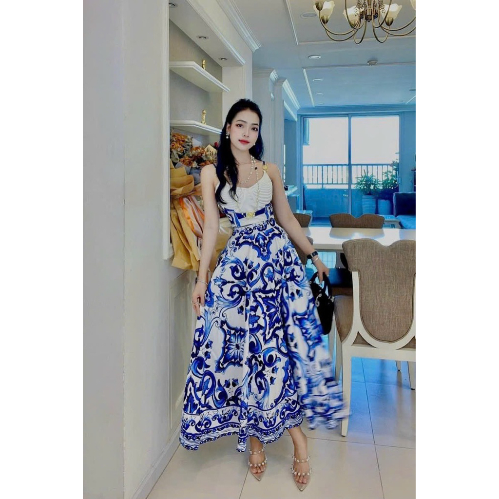 set áo váy dài xanh dương Hồng tag Versace sieu cap