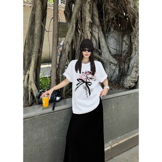 Bộ Áo Phông Nữ Chepol Form Rộng, In Nơ, Cổ Tròn, Phối Chân Váy, Chất Cotton (Áo Thun Trắng + Chân Váy Suông)-CP_10756
