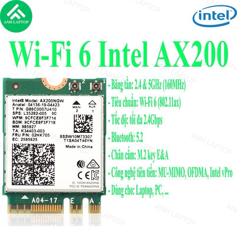 Card wifi intel AX200 lắp cho laptop, pc,... 2 băng tần, tốc độ 2.4Gbps ...