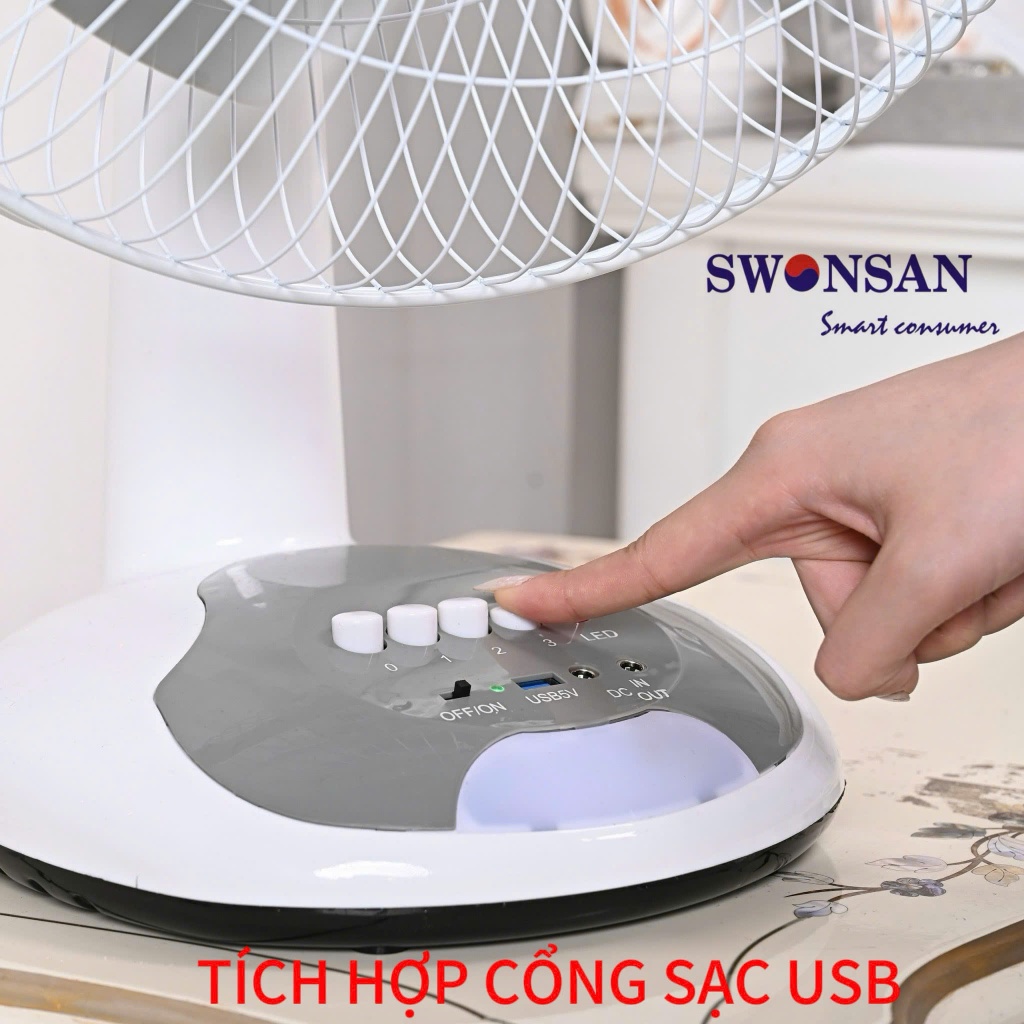 Quạt Năng Lượng Mặt Trời, Quạt Tích Điện Để Bàn SWONSAN Mô Tơ CHỔI THAN Sải Cánh 40CM 15W, Có Đèn LED Không Kèm Tấm NLMT
