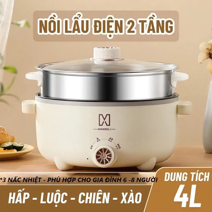 Nồi Lẩu Điện Mandeli Công Suất 1000W Dung Tích 4L, Kèm Xửng Hấp Inox 28CM, Tráng Men Chống Dính SIêu Bền