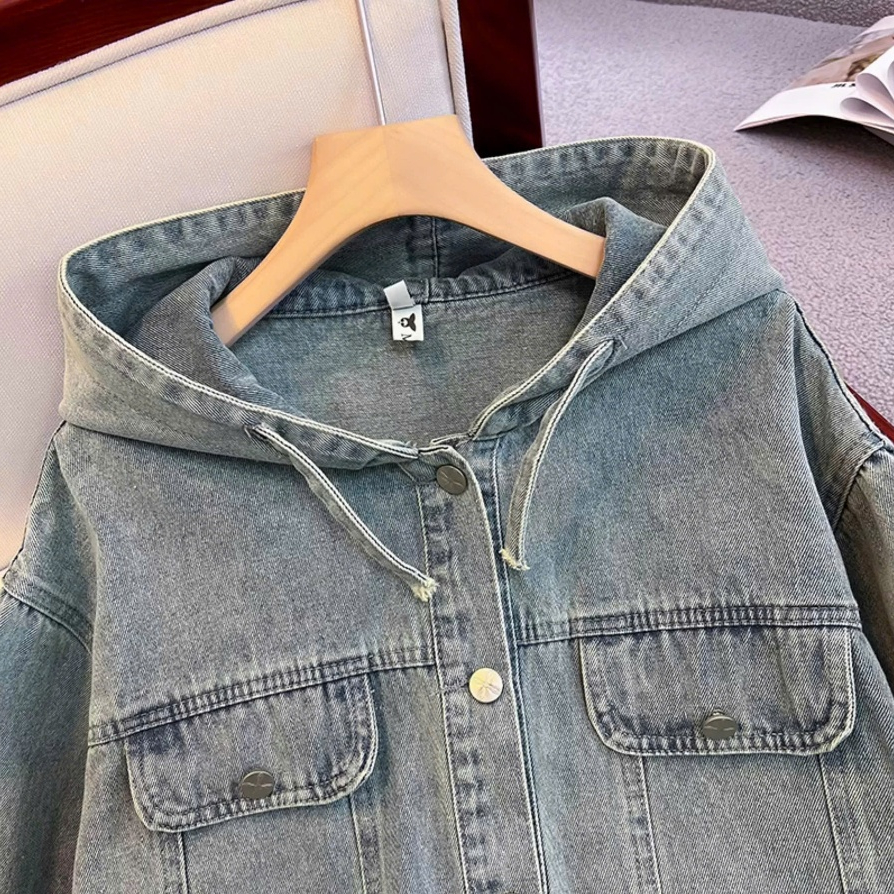 Áo khoác jeans denim nữ dáng rộng có mũ, áo khoác bò dài tay phong cách thời trang Hàn Quốc ED30