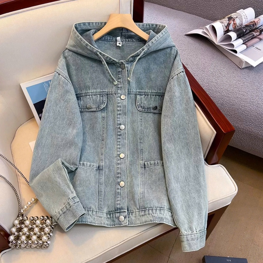 Áo khoác jeans denim nữ dáng rộng có mũ, áo khoác bò dài tay phong cách thời trang Hàn Quốc ED30