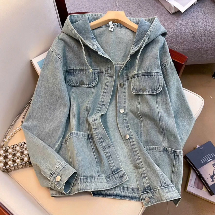 Áo khoác jeans denim nữ dáng rộng có mũ, áo khoác bò dài tay phong cách thời trang Hàn Quốc ED30