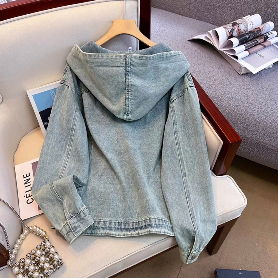 Áo khoác jeans denim nữ dáng rộng có mũ, áo khoác bò dài tay phong cách thời trang Hàn Quốc ED30