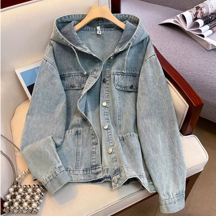 Áo khoác jeans denim nữ dáng rộng có mũ, áo khoác bò dài tay phong cách thời trang Hàn Quốc ED30