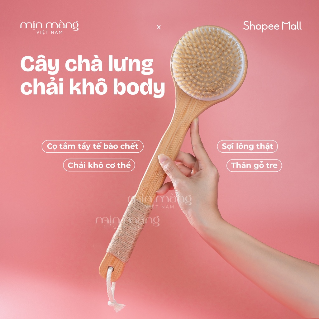 Cây Chà Lưng, Dụng Cụ Cọ Kỳ Tắm, Chải Chà Khô Body Lông Tự Nhiên Tay Cầm Gỗ Tre Kháng Khuẩn