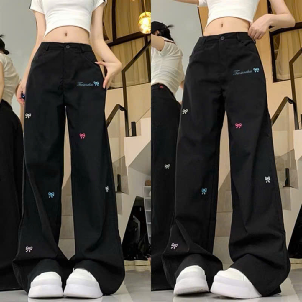 Quần Dài Ống Rộng Thêu Kaki Bigsize Nữ,Quần Suông Mềm Mại Kiểu Thêu Nơ Xinh Xắn Cho Nữ Q543