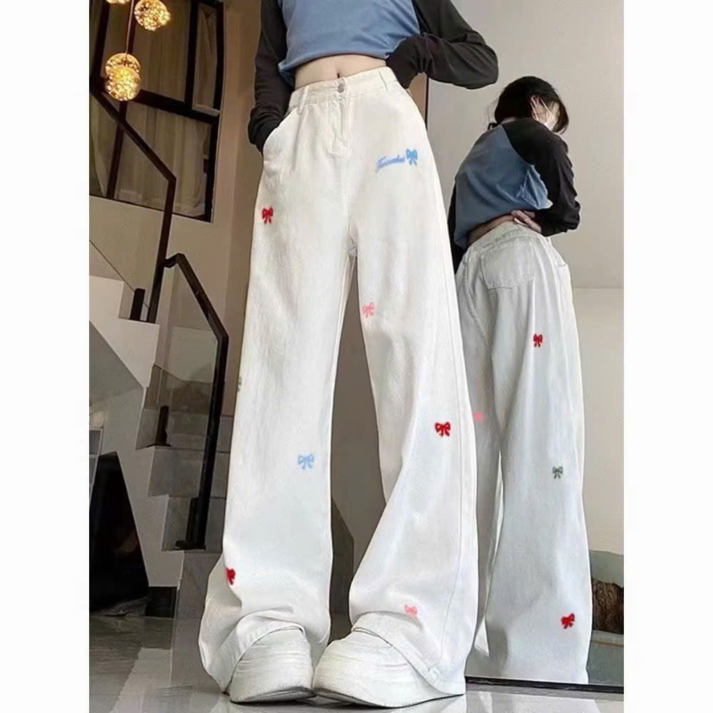 Quần Dài Ống Rộng Thêu Kaki Bigsize Nữ,Quần Suông Mềm Mại Kiểu Thêu Nơ Xinh Xắn Cho Nữ Q543