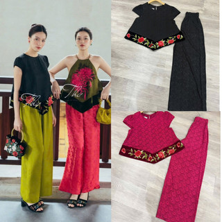 Sét áo lụa cộc tay vạt nhọn thêu hoa + quần xuông lụa (có tách sét)
