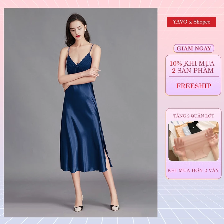 Đầm lụa, Váy ngủ lụa 2 dây, đồ ngủ lụa cao cấp, chất liệu lụa hàn mềm mịn thoáng mát - Vn65