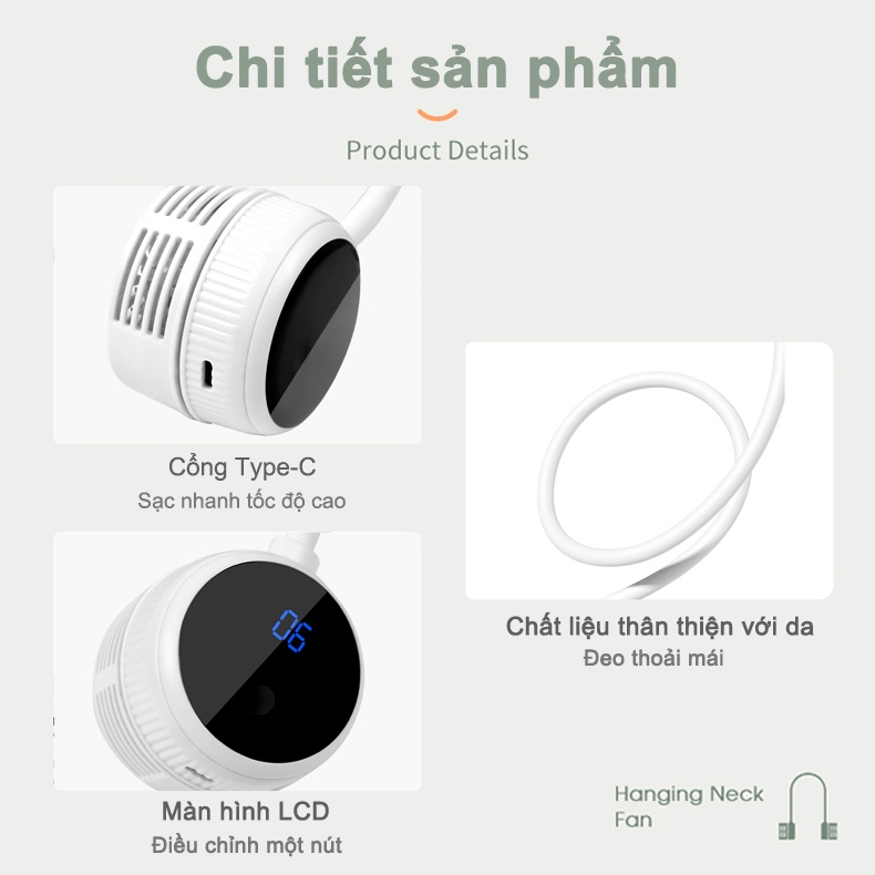 Quạt Đeo Cổ Xiaomi Di Động Quạt Treo Cổ Tích Điện Mini Màn hình LCD Gió Mạnh 6 Cấp Độ